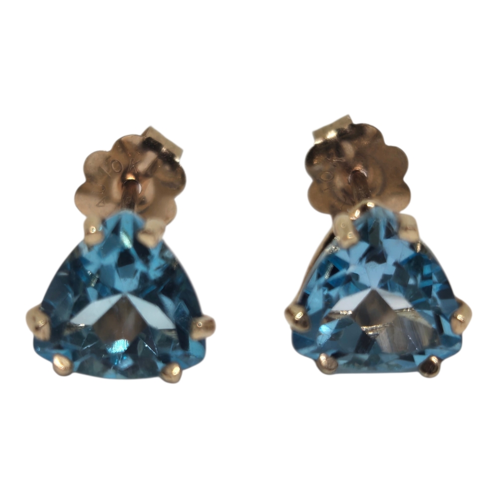 10K Yellow Gold Triangle Cut Blue Topaz Stud Earrings